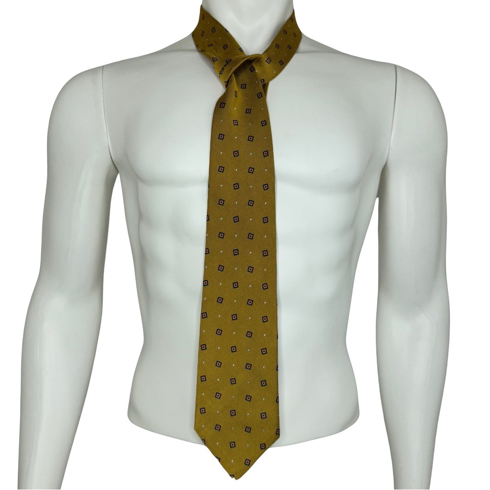 LAUREN RALPH LAUREN Men’s Suit Tie 100% Silk Gold and Blue Geometric